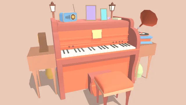 卡通风格化钢琴乐器收音机家具