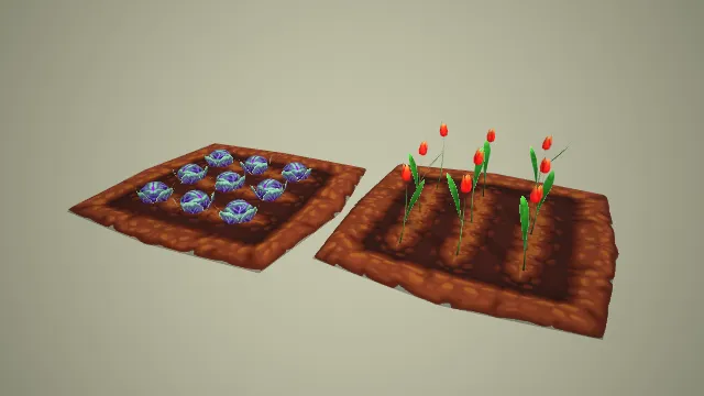 卡通两款菜地紫甘蓝与郁金香成熟株 3D 模型 游戏农场道具