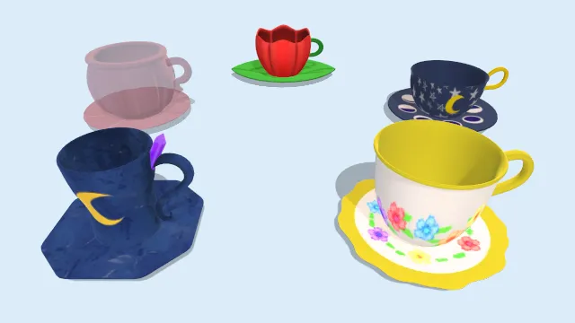 不同形状花纹材质的杯子和碟子道具