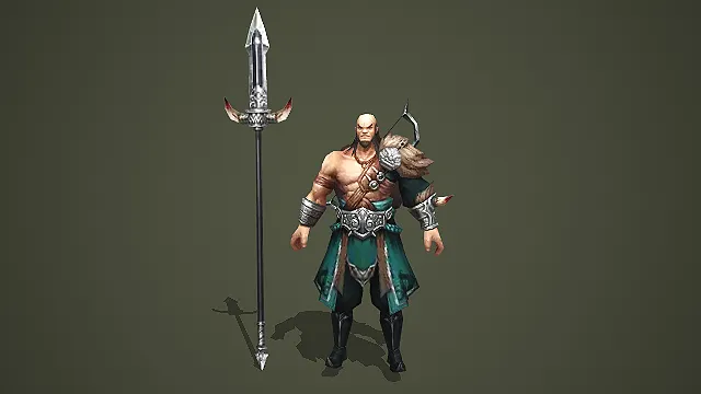 光头蛮兵武将配雕花长枪角色模型