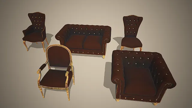 欧式沙发组合  深棕绒布  写实模型  客厅陈设