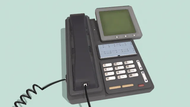 老式办公室电话机，具体为带有显示屏和按键面板的座机电话模型