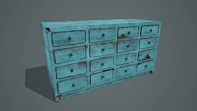 废土复古风格斑驳蓝木抽屉柜道具3D模型