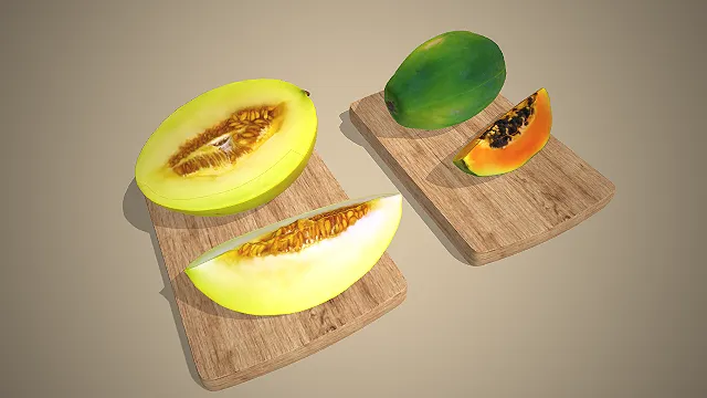 一组热带水果的3D模型，包含完整和切开的甜瓜、木瓜