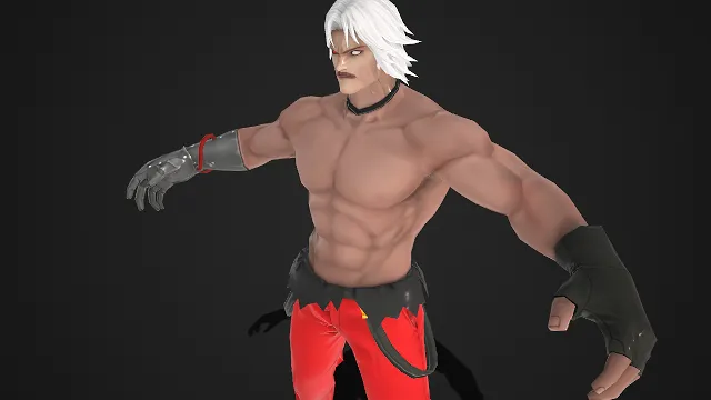 3D 男性角色建模  动漫风格  身形健硕  赤膊  黑色项圈  灰金属义肢  力量感  机械元素  