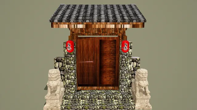3D写实风中式茶屋门模型，创意设计（3D物品、写实风格、古朴雅致，文化主题，物品元素）