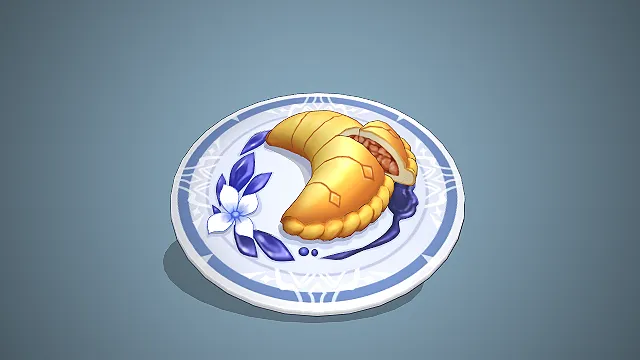 酥皮饺  青花餐盘  手绘渲染  肉馅内馅