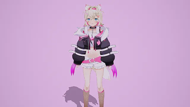 动漫风格3D猫耳少女角色模型，创意设计风格时尚俏皮、甜酷感十足，色彩鲜明且充满少女感。