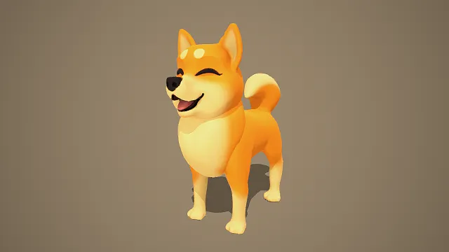 3D卡通风柴犬模型，创意设计（3D柴犬、卡通风格、黑色鼻头、眯眼微笑表情、卷尾、可爱软萌、童趣治愈、宠物主题）