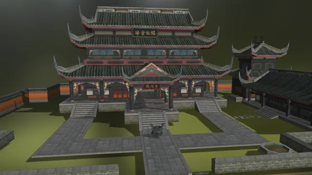 一个写实风格的常见中式古建筑3D古风大殿模型