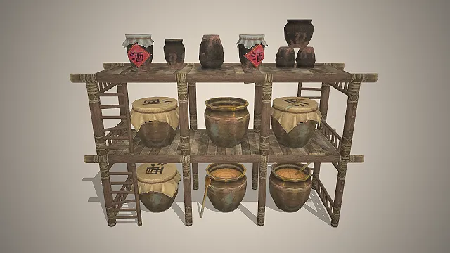 国风酒架  酒坛货架  写实材质  酒馆场景