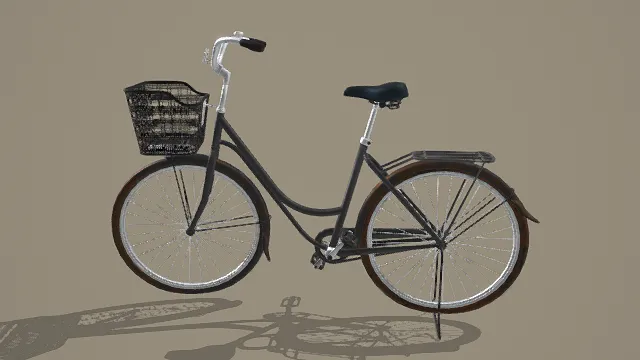 3D卡通风格黑棕白系复古自行车模型，创意设计（3D自行车、卡通风格、卡通复古风，车辆设计主题）