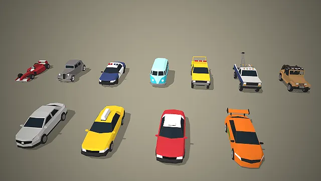 一套低模多边形风格的，各类城市车辆的3D模型