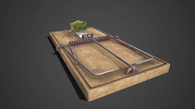 传统鼠夹  浅棕色木质底板  磨损与污渍  带青苔的绿色诱饵  弹簧触发结构  灭鼠工具  