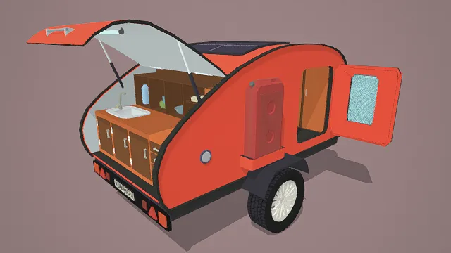 3D卡通风格红棕黑蓝系露营拖车模型，创意设计（3D拖车、卡通风格、卡通现代露营风，车辆设计主题）