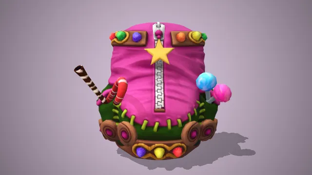 装满糖果的粉色背包，拉链处为星星饰品