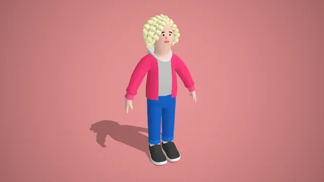 卡通金发女性角色 3D 模型蓝背带裤款