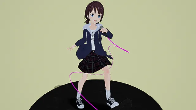 卡通风格3D唱歌女孩模型，创意设计（卡通唱歌女孩、3D模型、短发、校服、麦克风、灰色背景、独特造型 ）