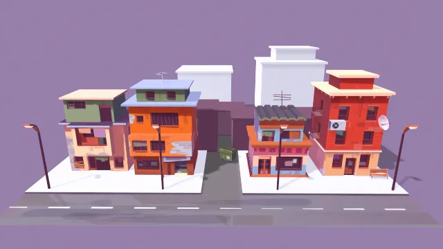 低多边形风格化贫民窟城市建筑房子道路