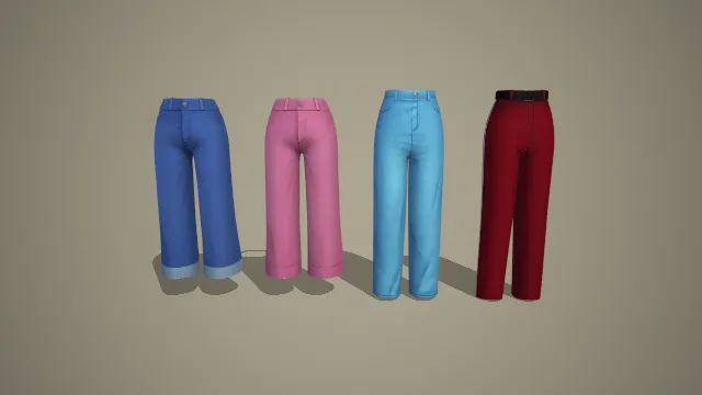 蓝粉浅蓝卷边裤与红色腰带阔腿裤四件套 3D 模型