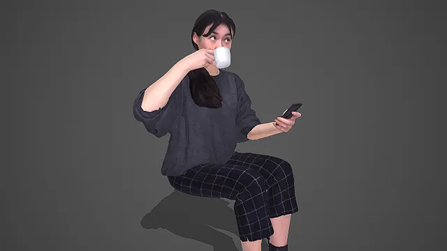 休闲装扮女士持杯看手机坐姿人物 3D 模型