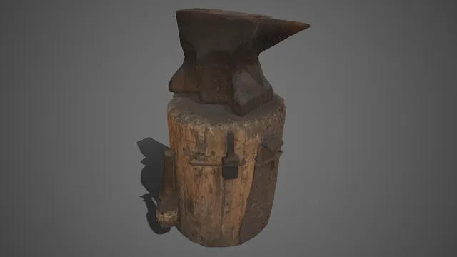 铁匠工具组合  木墩上的老铁砧  深褐锈色  色泽暗沉  工作台  粗犷质朴  复古工坊