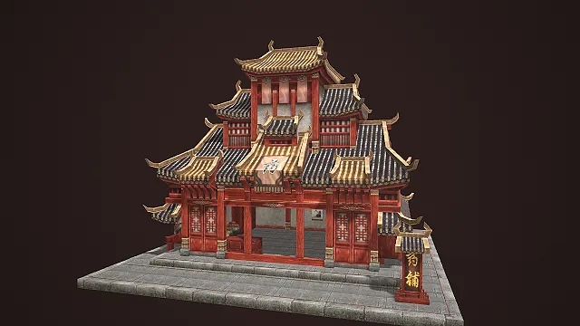 红漆飞檐配匾额的中式古风楼阁建筑 3D 场景模型