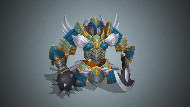 一个蓝金配色的3D重甲守卫骑士模型，游戏BOSS