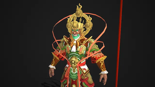 四天王之一  佛教护世  南方增长天王  3D 角色模型  金绿红配色  三叉戟  传统宗教元素