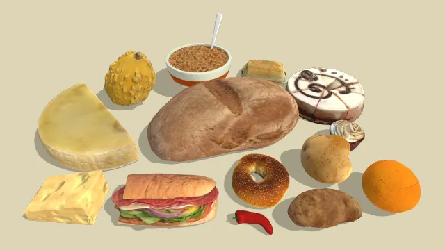 水果堆还有不同种类的面包奶酪汉堡小蛋糕面条食物