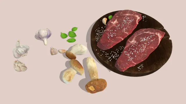 案板放有猪肉四周摆放蘑菇大葱