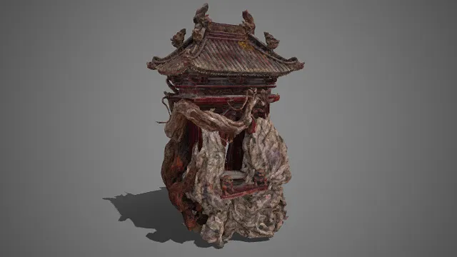 中式小亭阁  红漆木构  传统瓦檐  瑞兽檐角  枯藤崖石  斑驳沧桑  奇巧古雅  