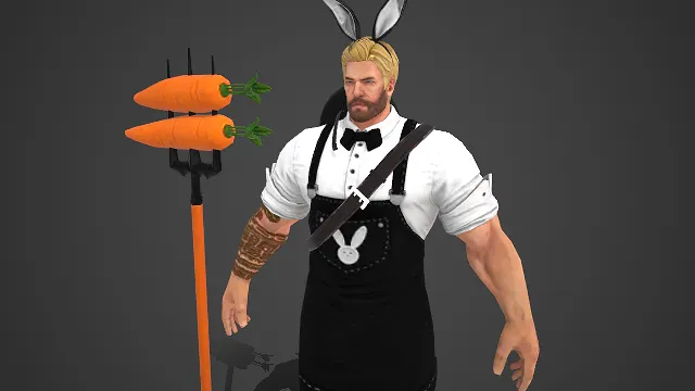 趣味角色  游戏男角色  猛汉  反差造型  兔耳壮汉  胡萝卜三叉戟  围裙  肌肉男