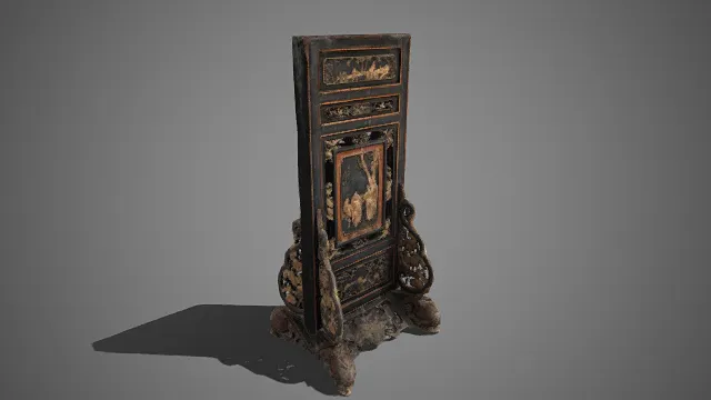 中式传统  座屏  黑地漆木框架  雕花饰板  山水花鸟纹样  镂空木雕  古典器物