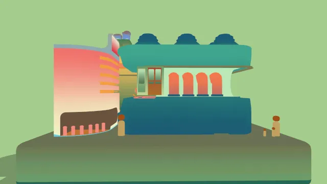 风格化漏斗车缆车移动动画场景