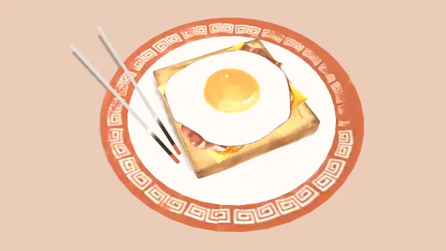 放在盘子里的面包鸡蛋三明治一双筷子早餐