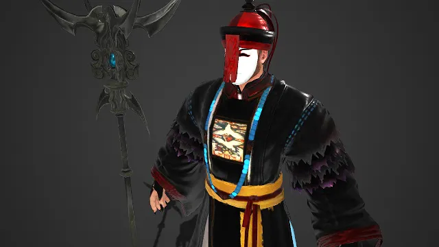 3D 男性角色模型  僵尸主题   脸谱黑袍  戏曲元素  暗黑长杖  诡异  传统服饰韵味  邪魅恐怖