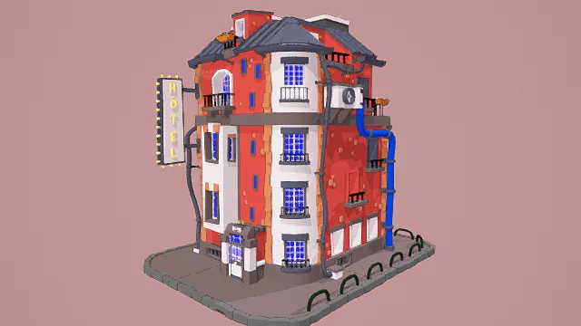 3D卡通风格酒店建筑模型，创意设计（3D建筑、卡通风格、复古卡通风，建筑设计主题）