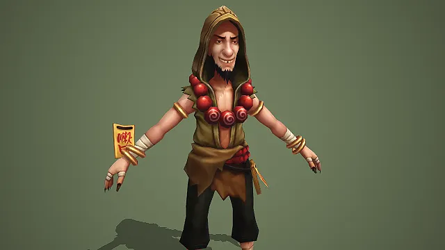 卡通 Q 版破衣红佛珠符咒邪僧 3D 游戏反派 NPC 模型