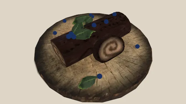 有蓝莓的巧克力面包卷放在木墩上甜点