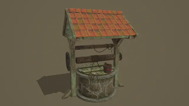 3D卡通风格水井模型，创意设计（3D水井、卡通风格、奇幻风，游戏道具设计主题）