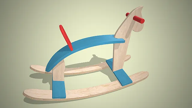 一款蓝红配色的木质摇摇马3D模型  经典童趣玩具
