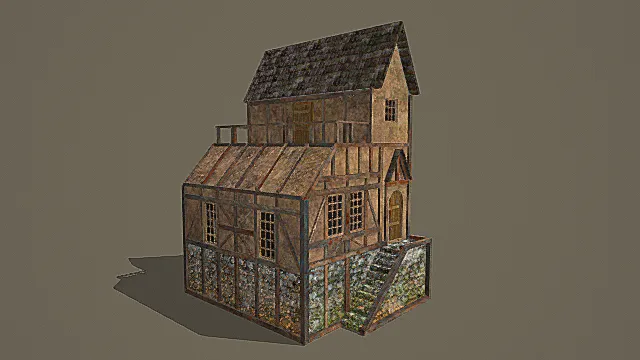 复古木骨石基多层小屋3D模型