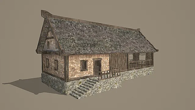 复古石基长形草顶木屋3D模型