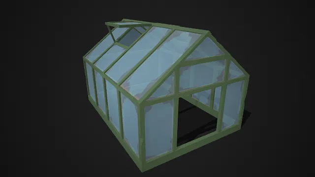 低多边形  温室  浅绿色几何结构  透明玻璃  天窗  线条简洁  透光功能  田园农场类
