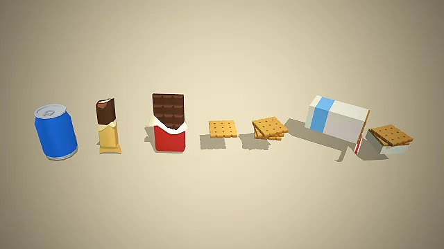 多种低模风格的3D罐装饮料、巧克力棒、饼干等休闲能量零食模型