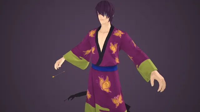 和风  妖异风格  深紫短发  紫绿撞色和服  蝴蝶印花  日式服饰  松弛感  木屐  日式美学