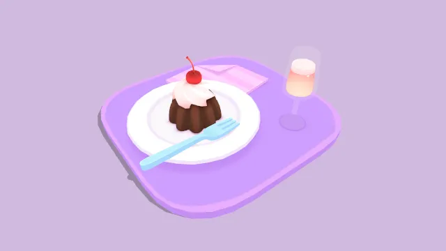 卡通风格的可爱樱桃蛋糕配香槟甜点饮食