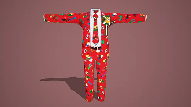 红色印花休闲西装3D模型，带红色领带装饰