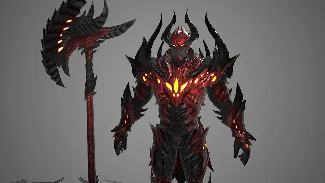 游戏角色  炼狱元素  尖刺炎甲  熔岩巨斧  灼热烈绘  红黑战甲  压迫感  邪异感